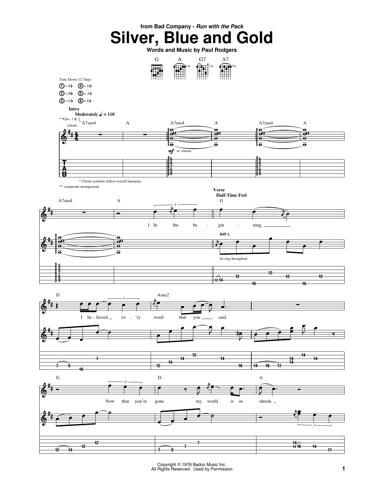 Learn to play Bad Company Silver, Blue And Gold sheet music for Guitar Tab in minutes. Price: 7.8900$ Bad Company Silver, Blue And Gold sheet music notes and chords arranged for Guitar Tab