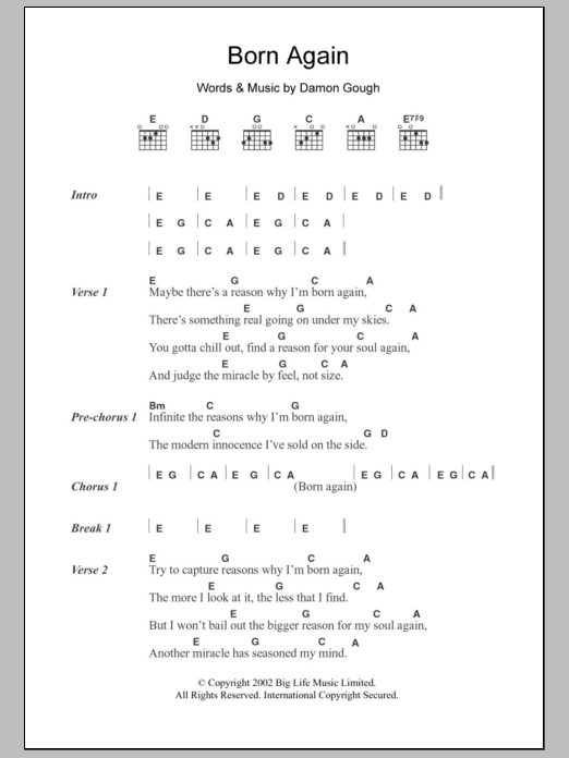 Badly Drawn Boy Born Again sheet music notes and chords. Download Printable PDF.