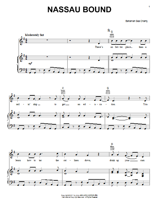 Learn to play Bahaman Sea Chanty Nassau Bound sheet music for Piano, Vocal & Guitar Chords (Right-Hand Melody) in minutes. Price: 7.8900$ Bahaman Sea Chanty Nassau Bound sheet music notes and chords arranged for Piano, Vocal & Guitar Chords (Right-Hand Melody)