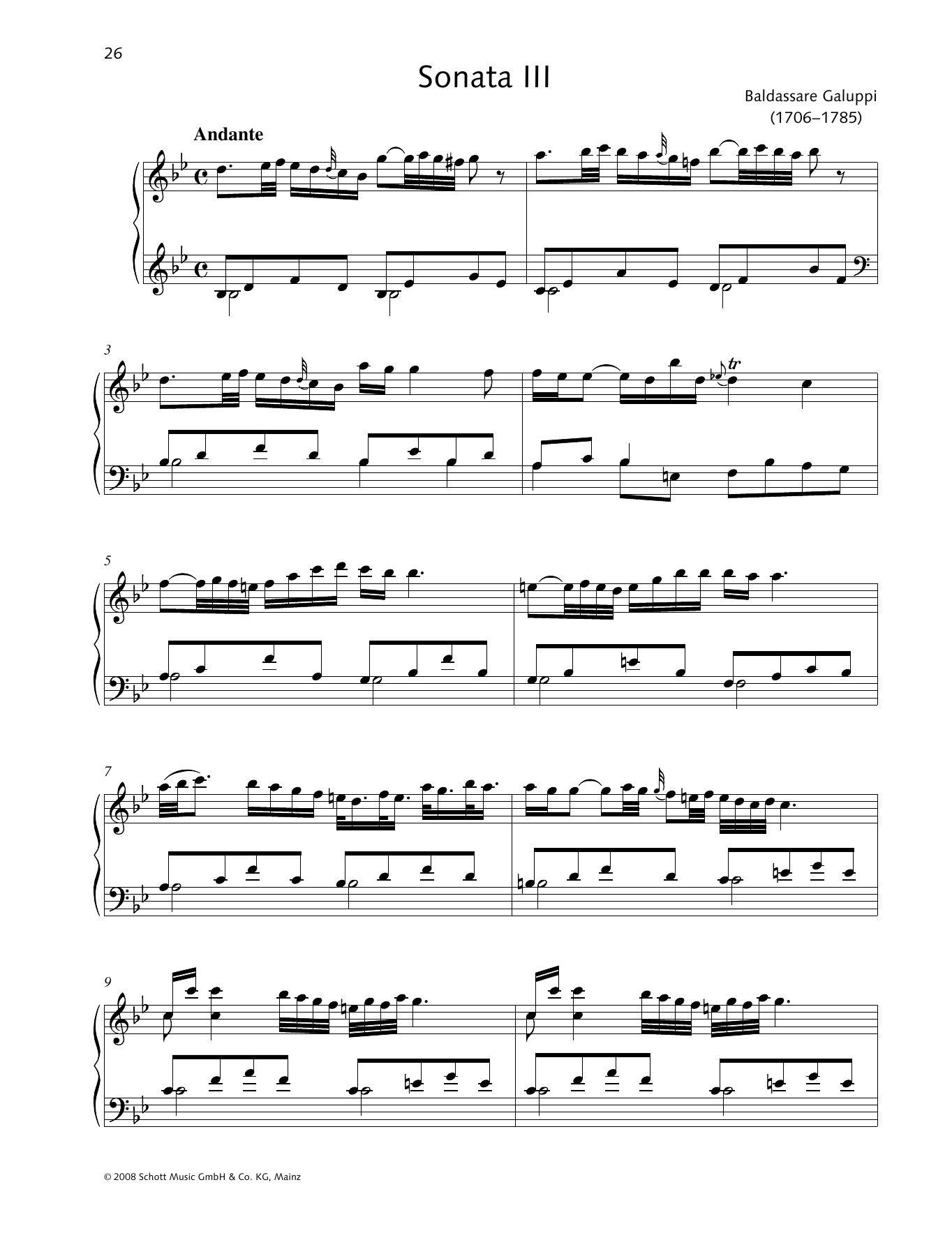 Learn to play Baldassare Galuppi Sonata III B-flat major sheet music for Piano Solo in minutes. Price: 6.9900$ Baldassare Galuppi Sonata III B-flat major sheet music notes and chords arranged for Piano Solo