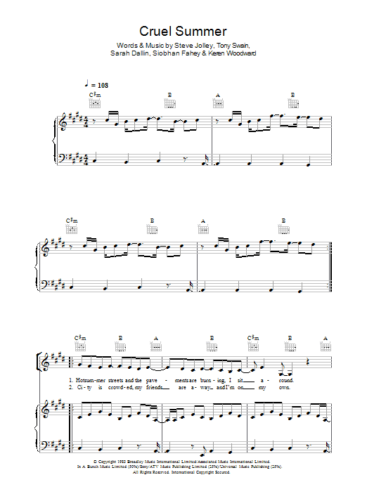 Bananarama Cruel Summer sheet music notes and chords. Download Printable PDF.