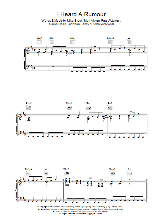 Learn to play Bananarama I Heard A Rumour sheet music for Piano, Vocal & Guitar Chords in minutes. Price: 7.8900$ Bananarama I Heard A Rumour sheet music notes and chords arranged for Piano, Vocal & Guitar Chords