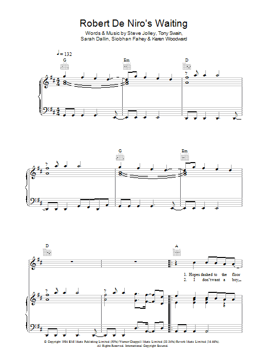 Learn to play Bananarama Robert De Niro's Waiting sheet music for Piano, Vocal & Guitar Chords in minutes. Price: 7.8900$ Bananarama Robert De Niro's Waiting sheet music notes and chords arranged for Piano, Vocal & Guitar Chords