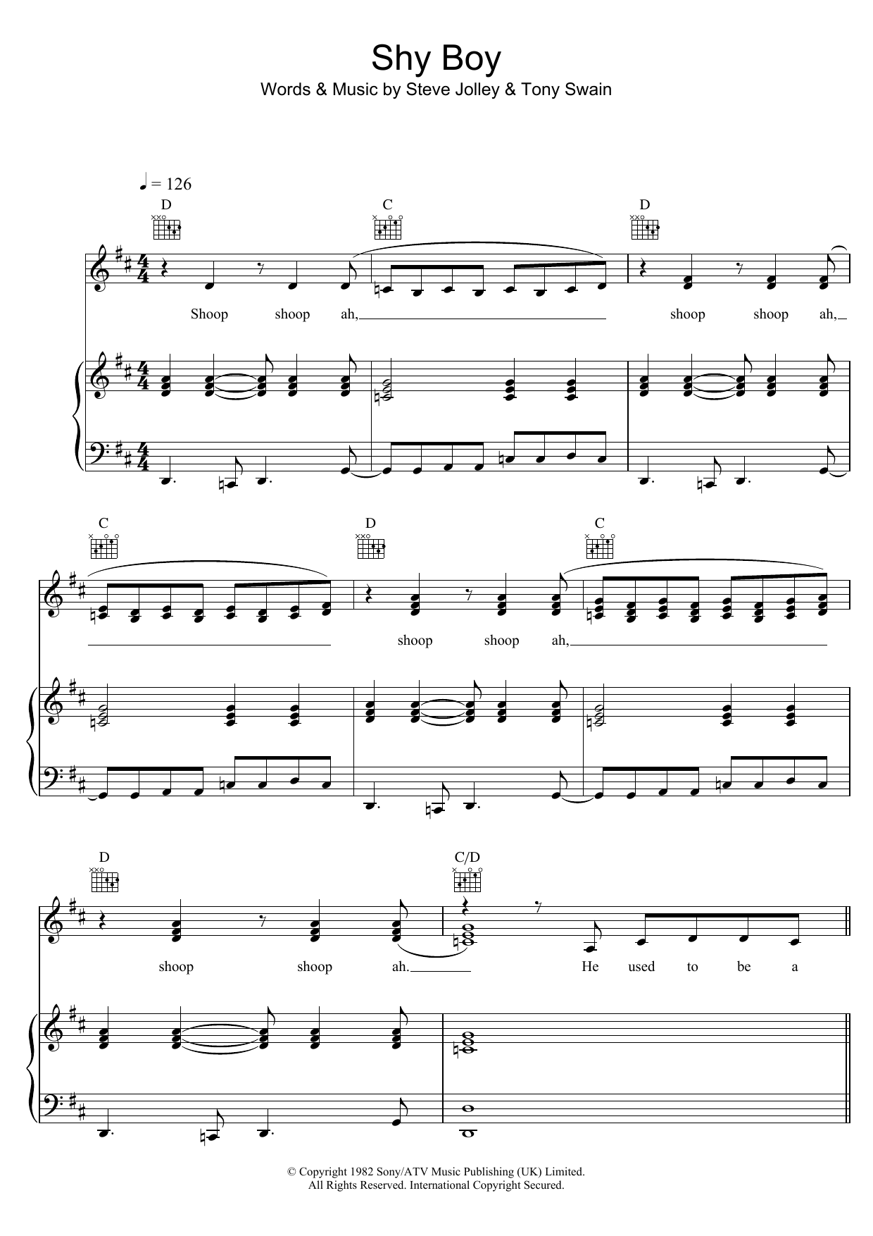 Bananarama Shy Boy sheet music notes and chords arranged for Piano, Vocal & Guitar Chords