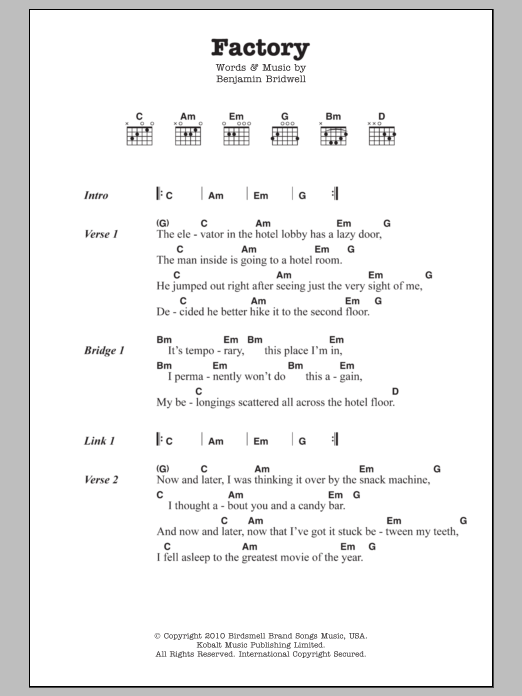 Band Of Horses Factory sheet music notes and chords arranged for Piano, Vocal & Guitar Chords