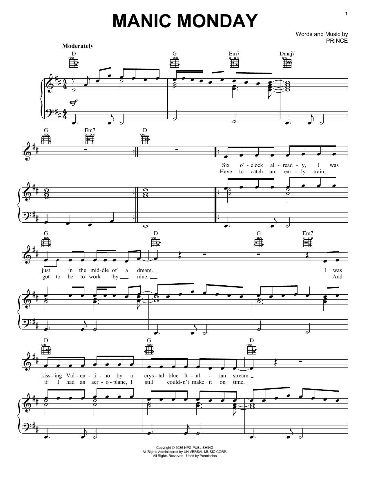 Bangles Manic Monday sheet music notes and chords. Download Printable PDF.