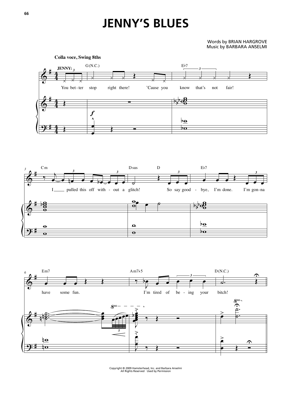 Learn to play Barbara Anselmi & Brian Hargrove Jenny's Blues sheet music for Piano & Vocal in minutes. Price: 7.8900$ Barbara Anselmi & Brian Hargrove Jenny's Blues sheet music notes and chords arranged for Piano & Vocal