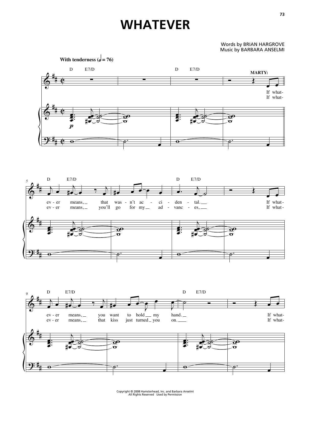 Learn to play Barbara Anselmi & Brian Hargrove Whatever sheet music for Piano & Vocal in minutes. Price: 7.8900$ Barbara Anselmi & Brian Hargrove Whatever sheet music notes and chords arranged for Piano & Vocal