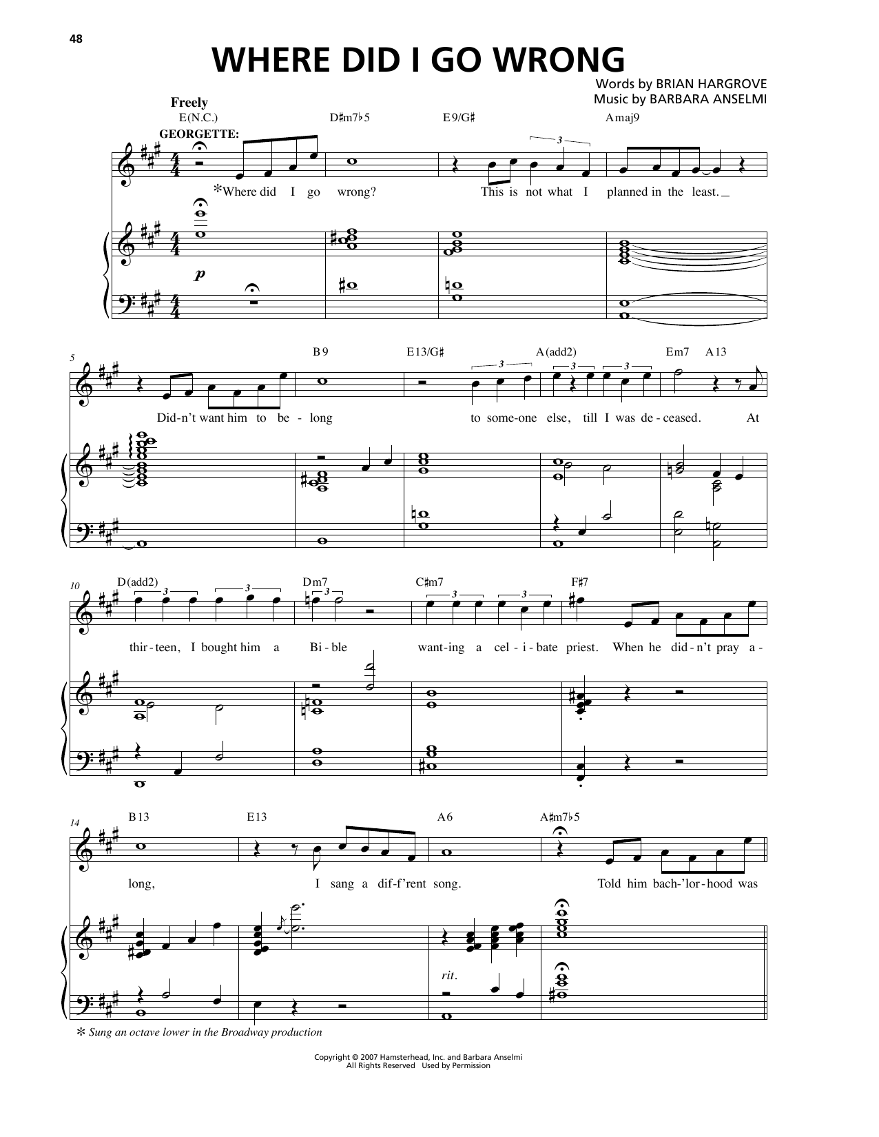 Learn to play Barbara Anselmi & Brian Hargrove Where Did I Go Wrong sheet music for Piano & Vocal in minutes. Price: 7.8900$ Barbara Anselmi & Brian Hargrove Where Did I Go Wrong sheet music notes and chords arranged for Piano & Vocal