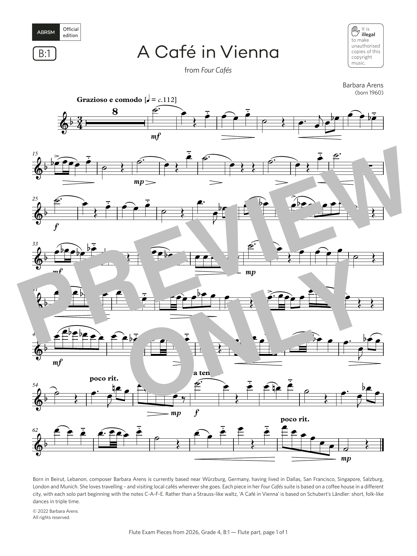 Learn to play Barbara Arens A Café in Vienna (Grade 4, list B1, from the ABRSM Flute Syllabus from 2026) sheet music for Flute Solo in minutes. Price: 5.9900$ Barbara Arens A Café in Vienna (Grade 4, list B1, from the ABRSM Flute Syllabus from 2026) sheet music notes and chords arranged for Flute Solo