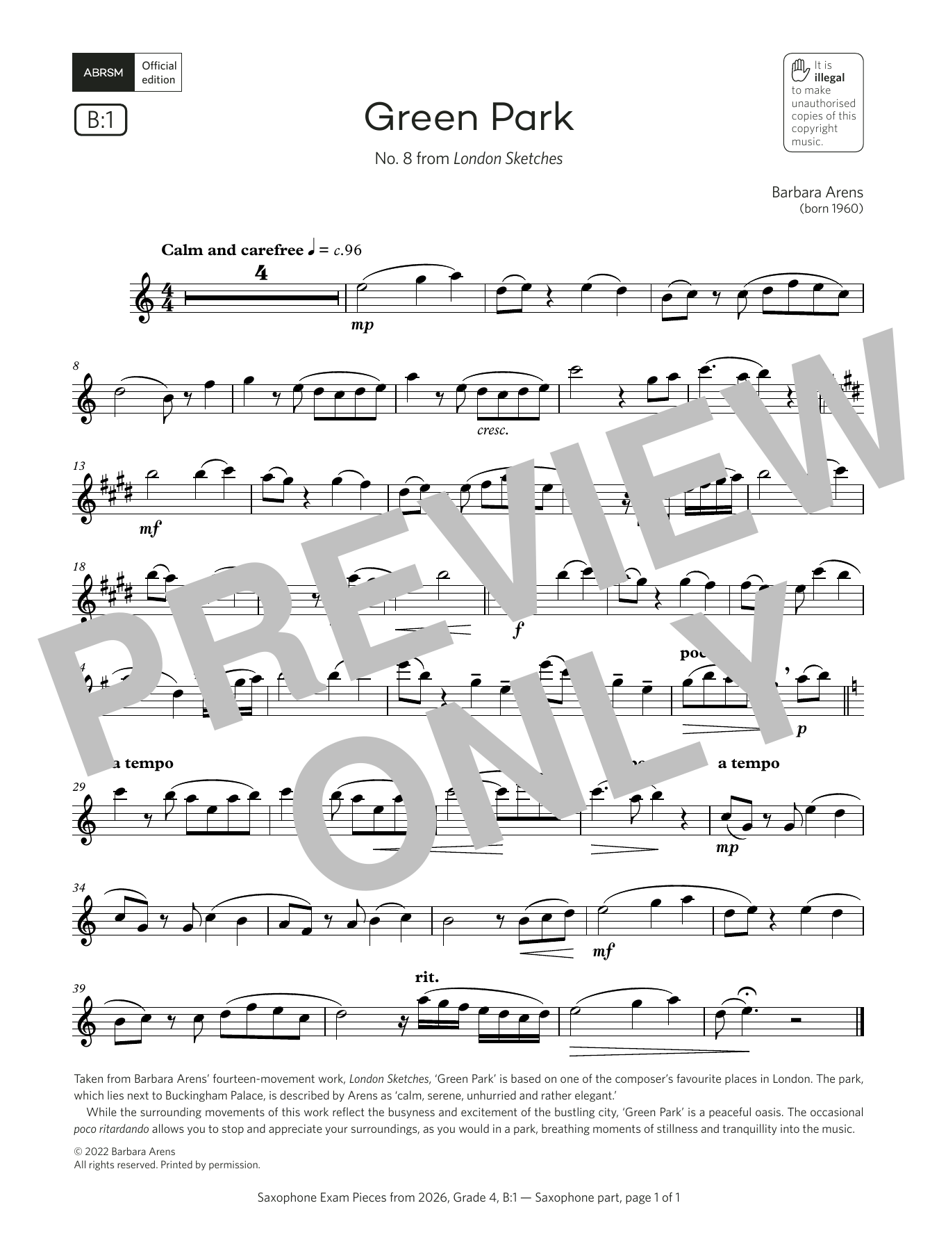 Learn to play Barbara Arens Green Park (Grade 4, list B1, from the ABRSM Saxophone Syllabus from 2026) sheet music for Alto Sax Solo in minutes. Price: 5.9900$ Barbara Arens Green Park (Grade 4, list B1, from the ABRSM Saxophone Syllabus from 2026) sheet music notes and chords arranged for Alto Sax Solo