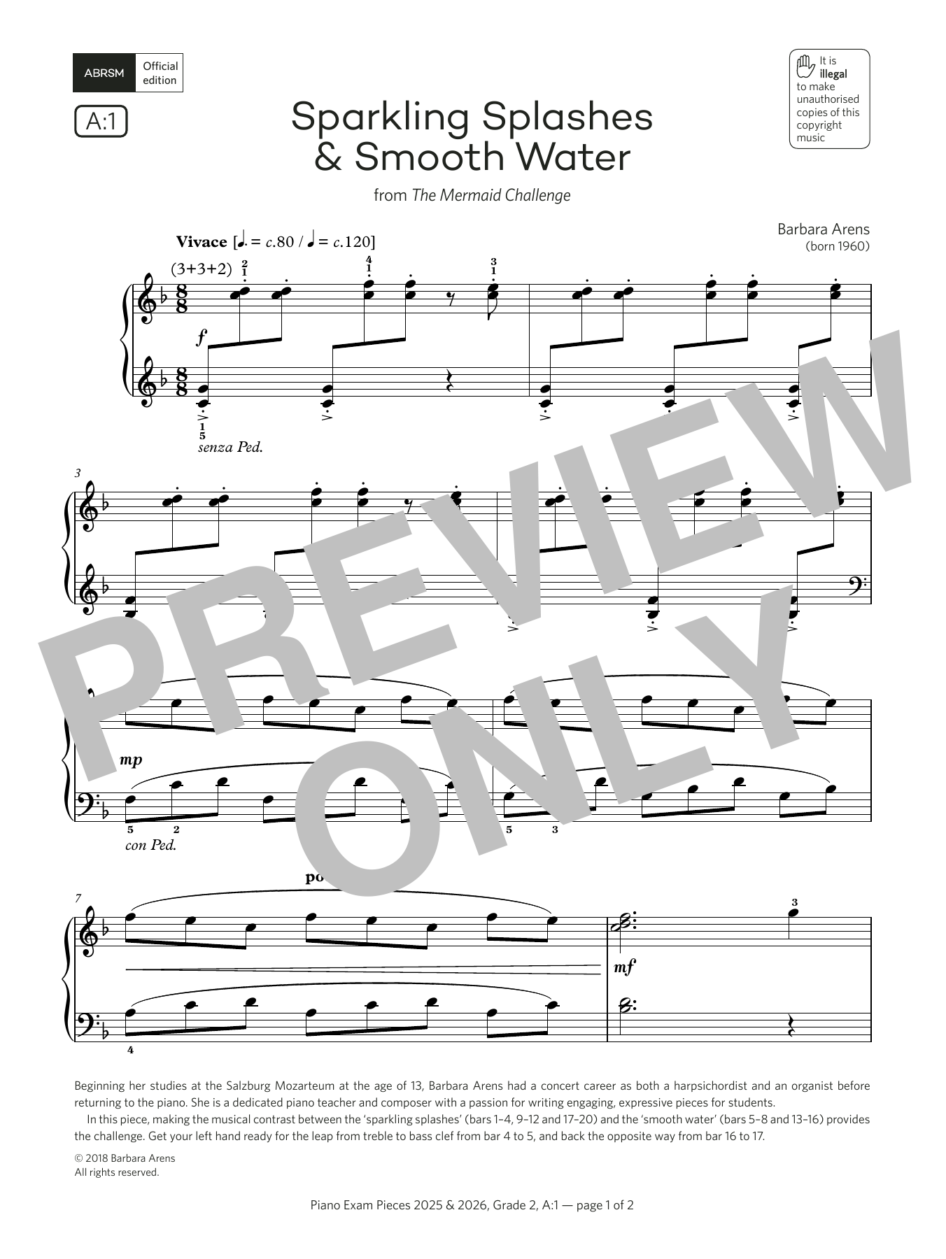 Barbara Arens Sparkling Splashes & Smooth Water (Grade 2, list A1, from the ABRSM Piano Syllabus 2025 & 2026) sheet music notes and chords. Download Printable PDF.