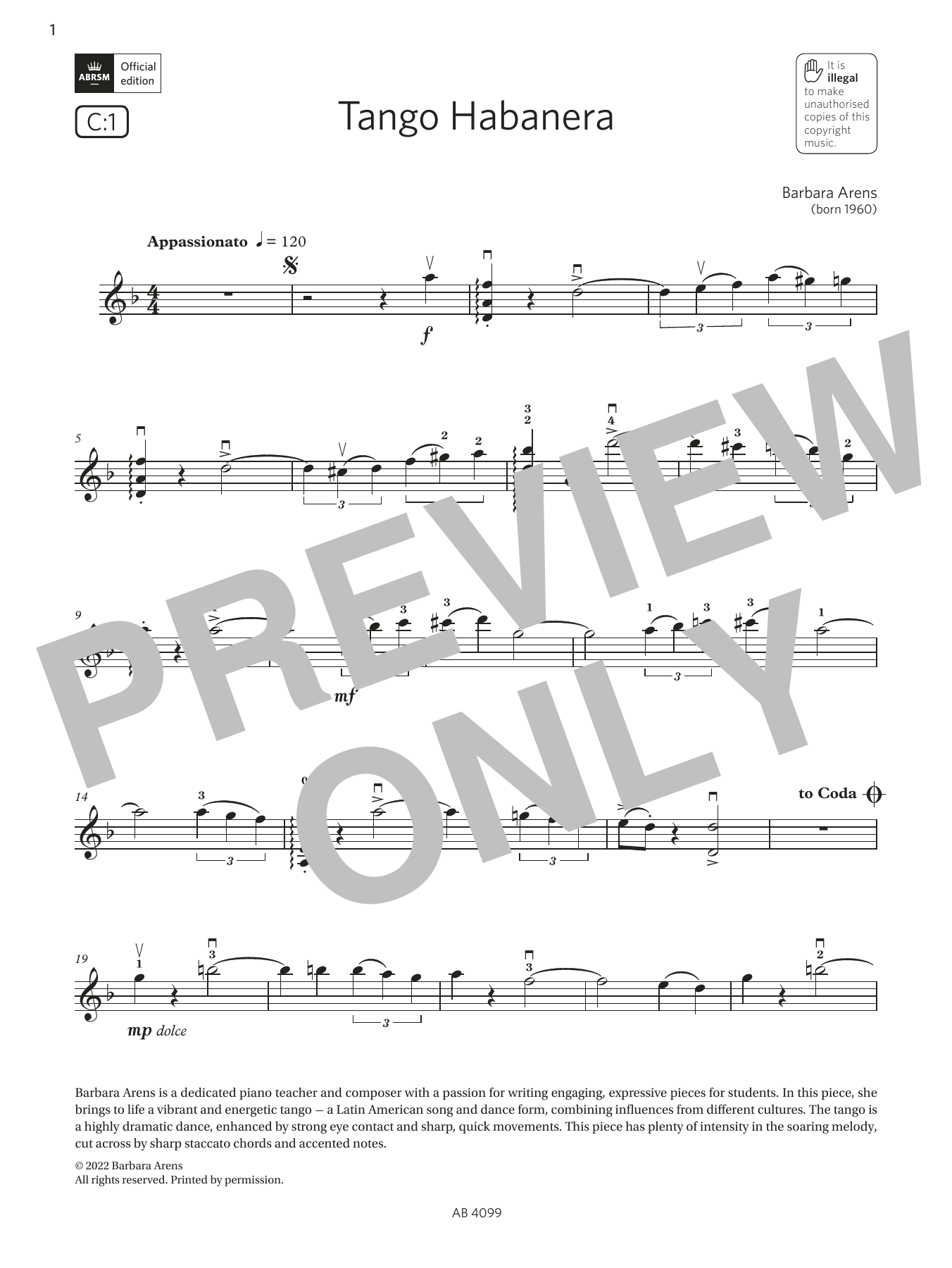 Barbara Arens Tango Habanera (Grade 5, C1, from the ABRSM Violin Syllabus from 2024) sheet music notes and chords. Download Printable PDF.