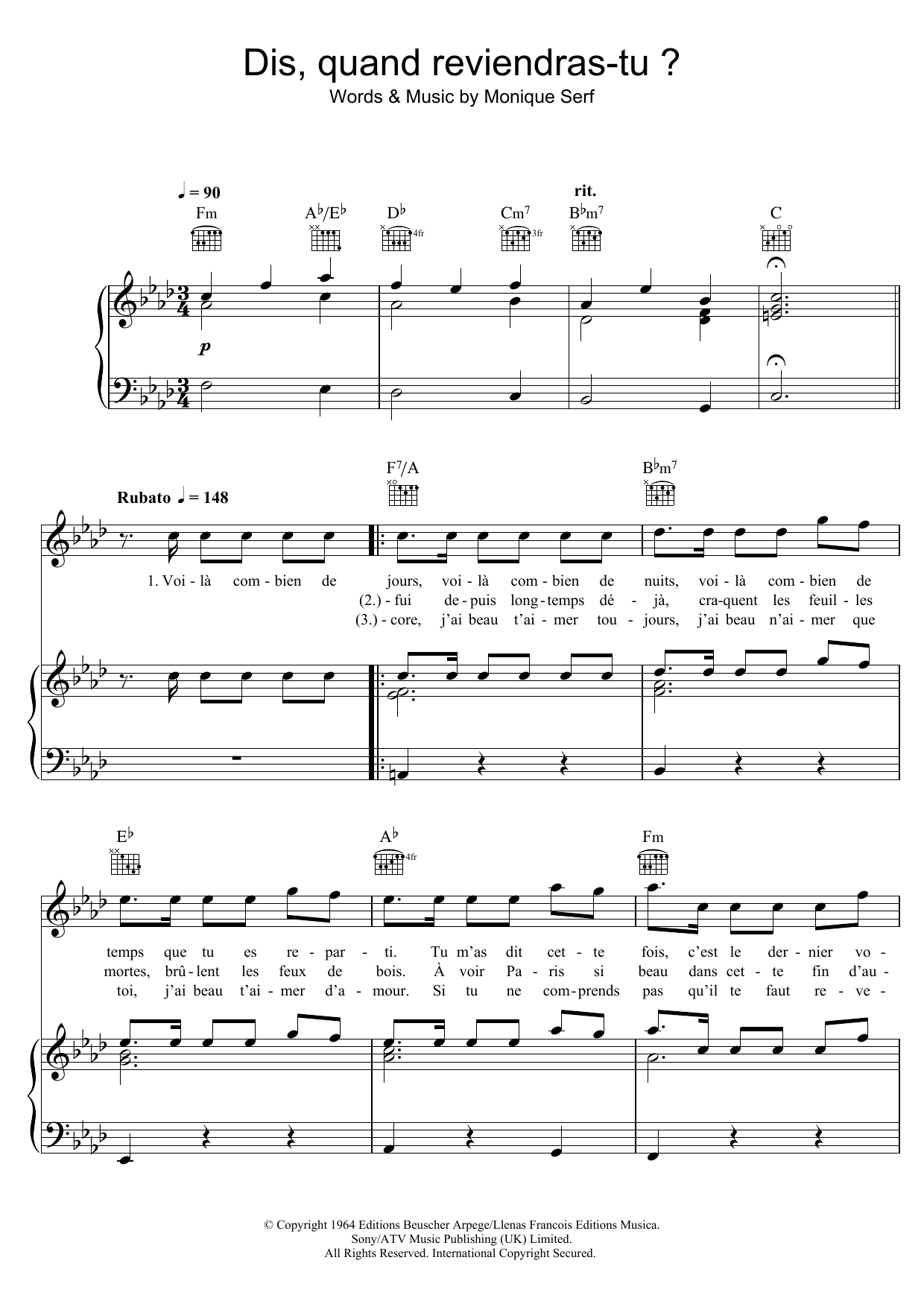 Barbara Dis, Quand Reviendras Tu ? sheet music notes and chords. Download Printable PDF.