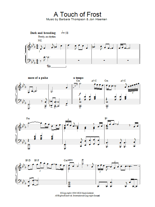 Learn to play Barbara Thompson A Touch Of Frost sheet music for Piano Solo in minutes. Price: 7.8900$ Barbara Thompson A Touch Of Frost sheet music notes and chords arranged for Piano Solo