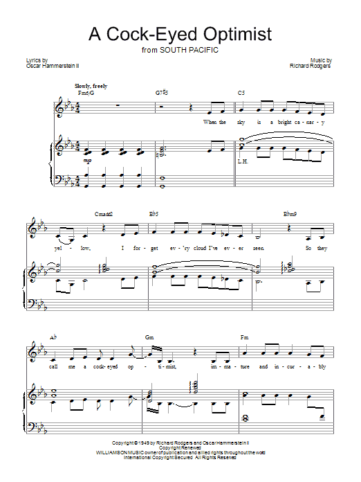 Learn to play Barbra Streisand A Cockeyed Optimist sheet music for Piano, Vocal & Guitar Chords (Right-Hand Melody) in minutes. Price: 7.8900$ Barbra Streisand A Cockeyed Optimist sheet music notes and chords arranged for Piano, Vocal & Guitar Chords (Right-Hand Melody)