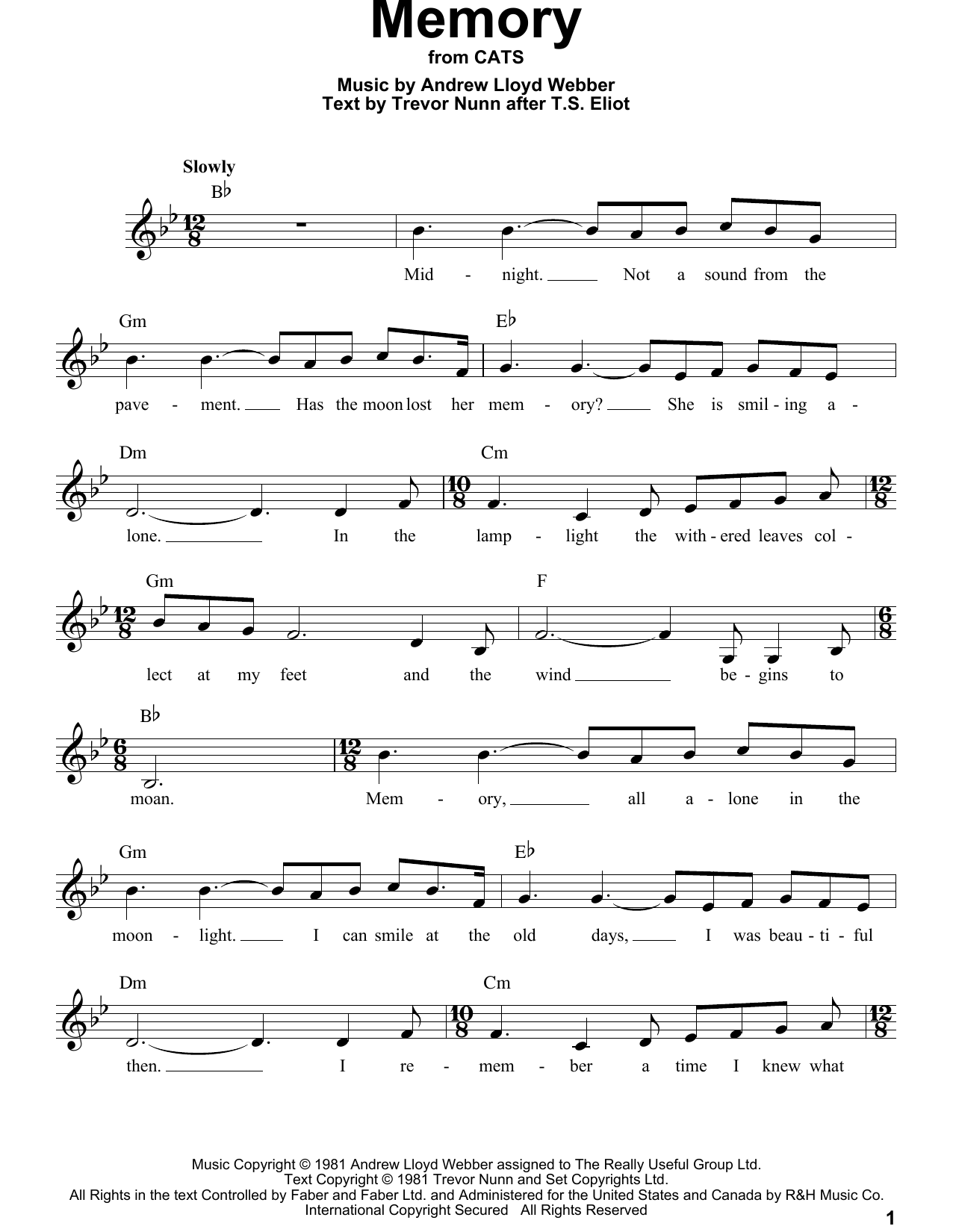 Barbra Streisand Memory (from Cats) sheet music notes and chords. Download Printable PDF.