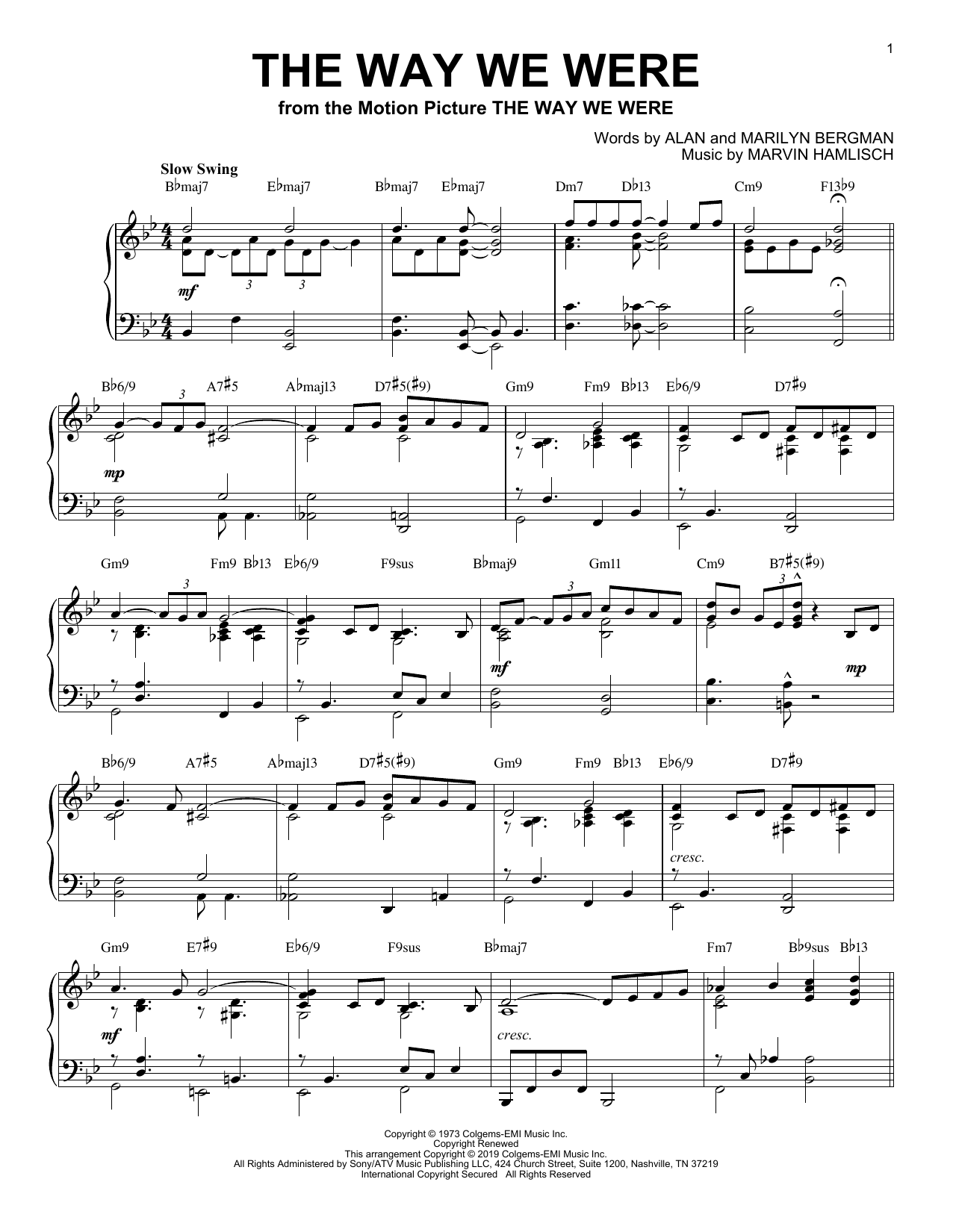 Barbra Streisand The Way We Were [Jazz version] sheet music notes and chords arranged for Piano Solo