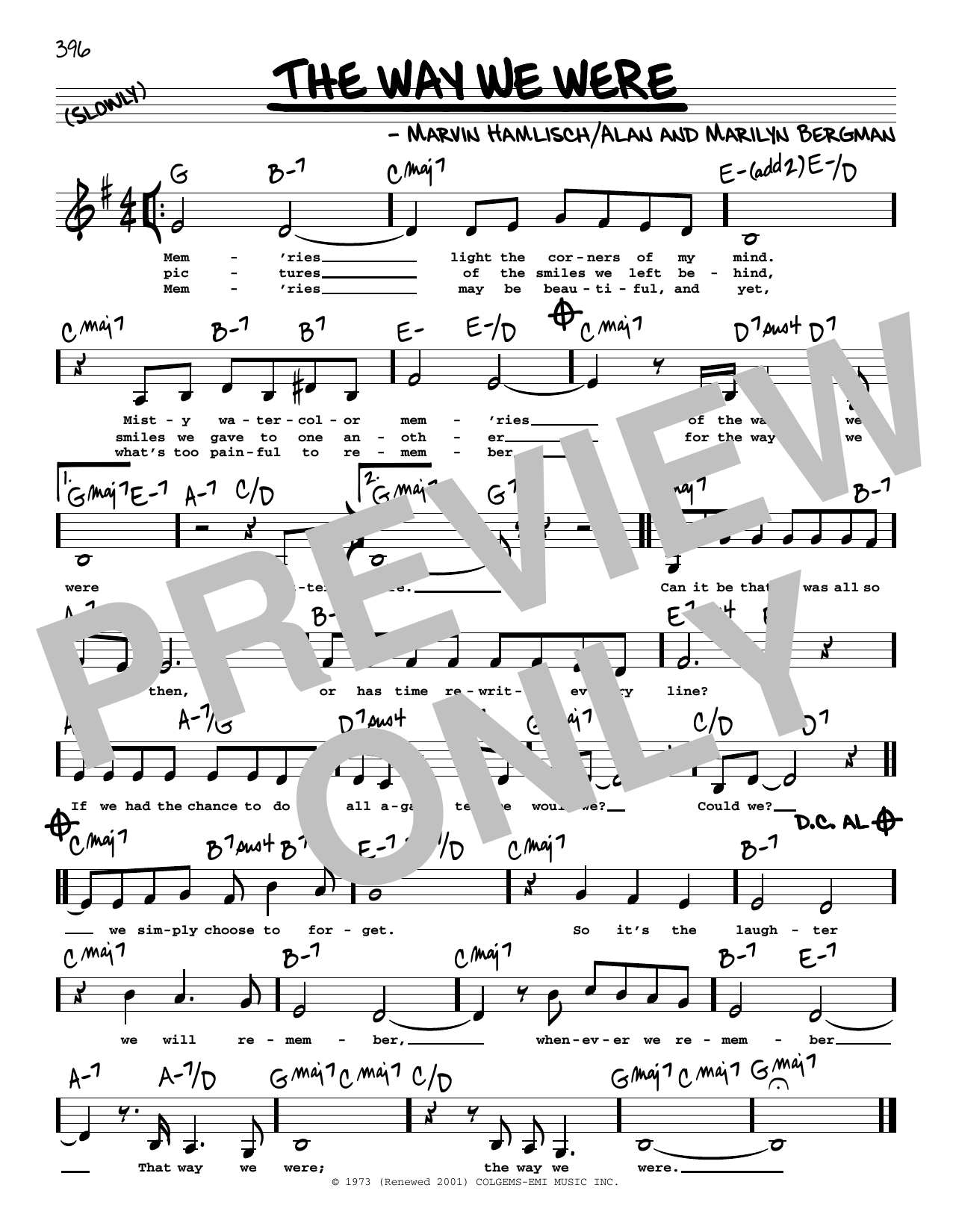 Barbra Streisand The Way We Were (Low Voice) sheet music notes and chords. Download Printable PDF.