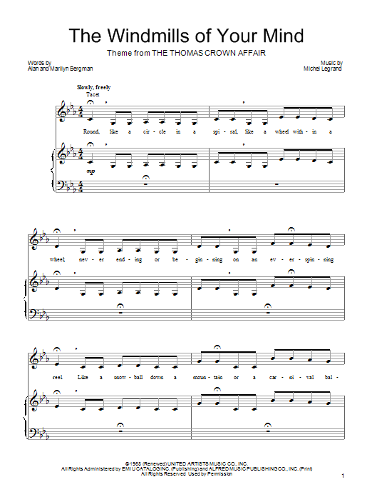 Barbra Streisand The Windmills Of Your Mind sheet music notes and chords. Download Printable PDF.