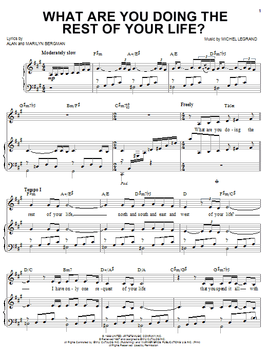 Learn to play Barbra Streisand What Are You Doing The Rest Of Your Life? sheet music for Piano, Vocal & Guitar Chords (Right-Hand Melody) in minutes. Price: 7.8900$ Barbra Streisand What Are You Doing The Rest Of Your Life? sheet music notes and chords arranged for Piano, Vocal & Guitar Chords (Right-Hand Melody)