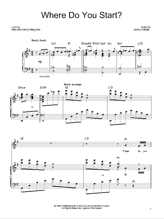 Learn to play Barbra Streisand Where Do You Start? sheet music for Piano, Vocal & Guitar Chords (Right-Hand Melody) in minutes. Price: 6.9900$ Barbra Streisand Where Do You Start? sheet music notes and chords arranged for Piano, Vocal & Guitar Chords (Right-Hand Melody)