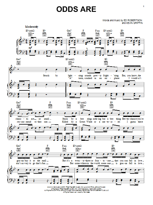 Barenaked Ladies Odds Are sheet music notes and chords arranged for Piano, Vocal & Guitar Chords (Right-Hand Melody)