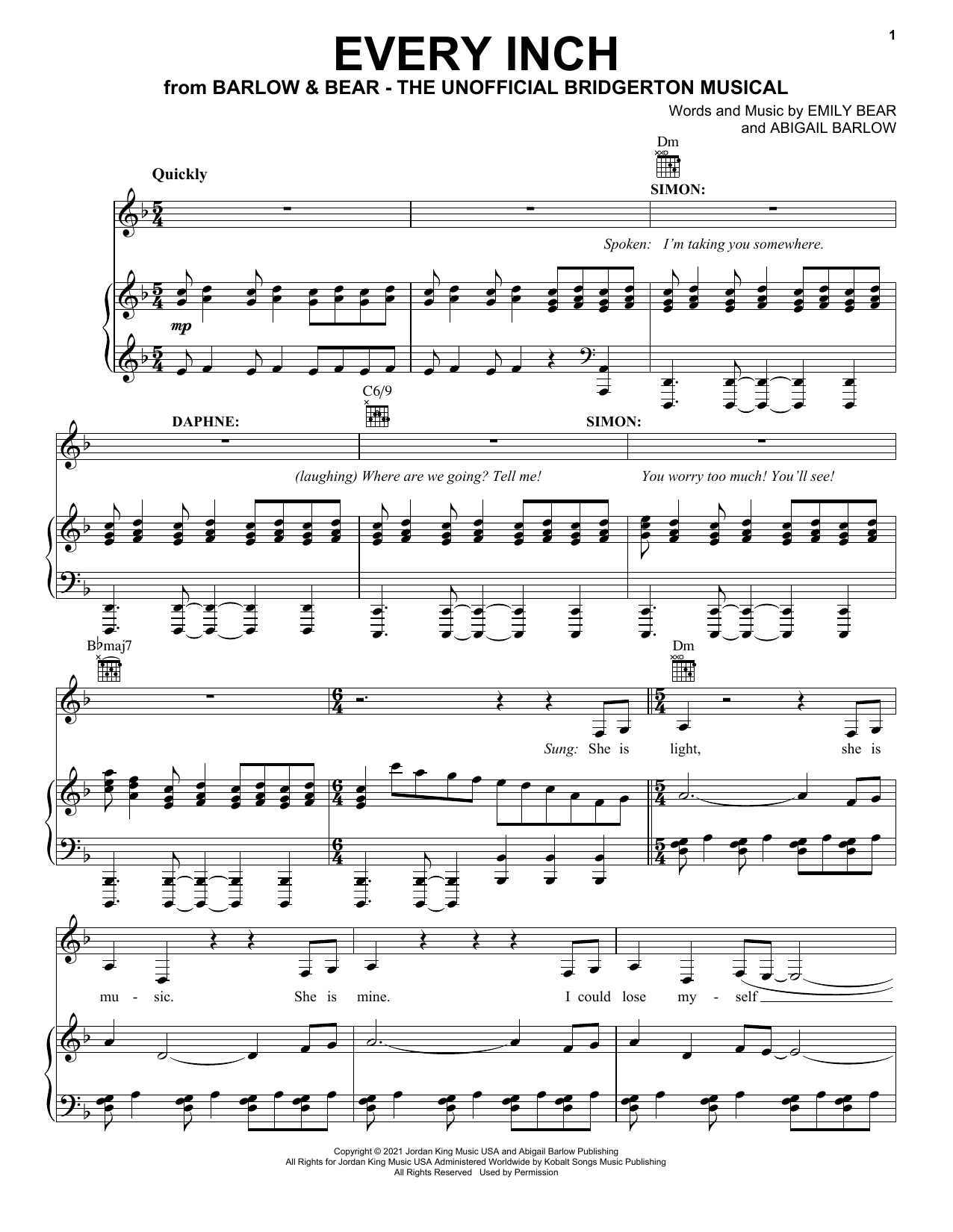 Learn to play Barlow & Bear Every Inch (from The Unofficial Bridgerton Musical) sheet music for Piano, Vocal & Guitar Chords (Right-Hand Melody) in minutes. Price: 7.8900$ Barlow & Bear Every Inch (from The Unofficial Bridgerton Musical) sheet music notes and chords arranged for Piano, Vocal & Guitar Chords (Right-Hand Melody)