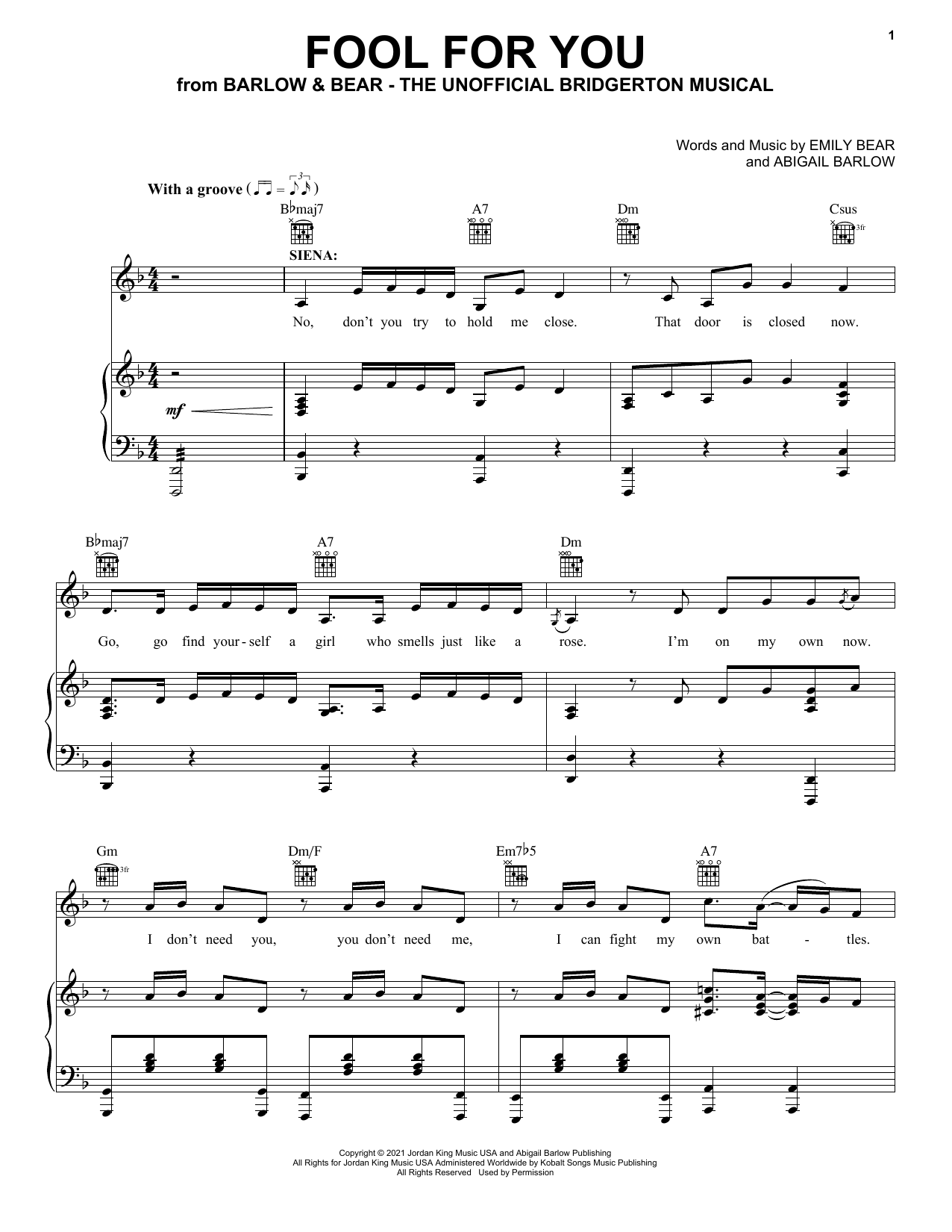 Learn to play Barlow & Bear Fool For You (from The Unofficial Bridgerton Musical) sheet music for Piano, Vocal & Guitar Chords (Right-Hand Melody) in minutes. Price: 7.8900$ Barlow & Bear Fool For You (from The Unofficial Bridgerton Musical) sheet music notes and chords arranged for Piano, Vocal & Guitar Chords (Right-Hand Melody)