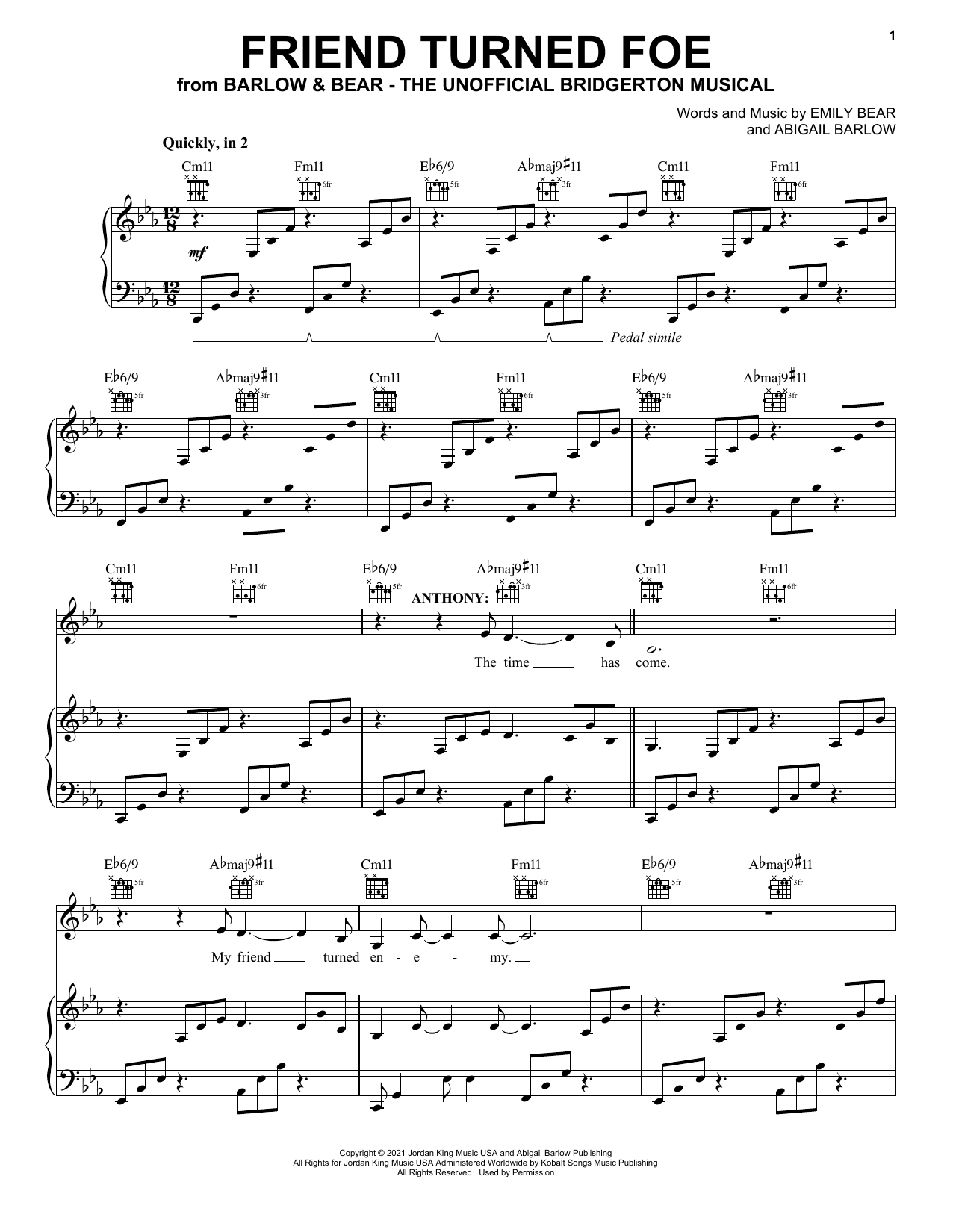 Learn to play Barlow & Bear Friend Turned Foe (from The Unofficial Bridgerton Musical) sheet music for Piano, Vocal & Guitar Chords (Right-Hand Melody) in minutes. Price: 7.8900$ Barlow & Bear Friend Turned Foe (from The Unofficial Bridgerton Musical) sheet music notes and chords arranged for Piano, Vocal & Guitar Chords (Right-Hand Melody)