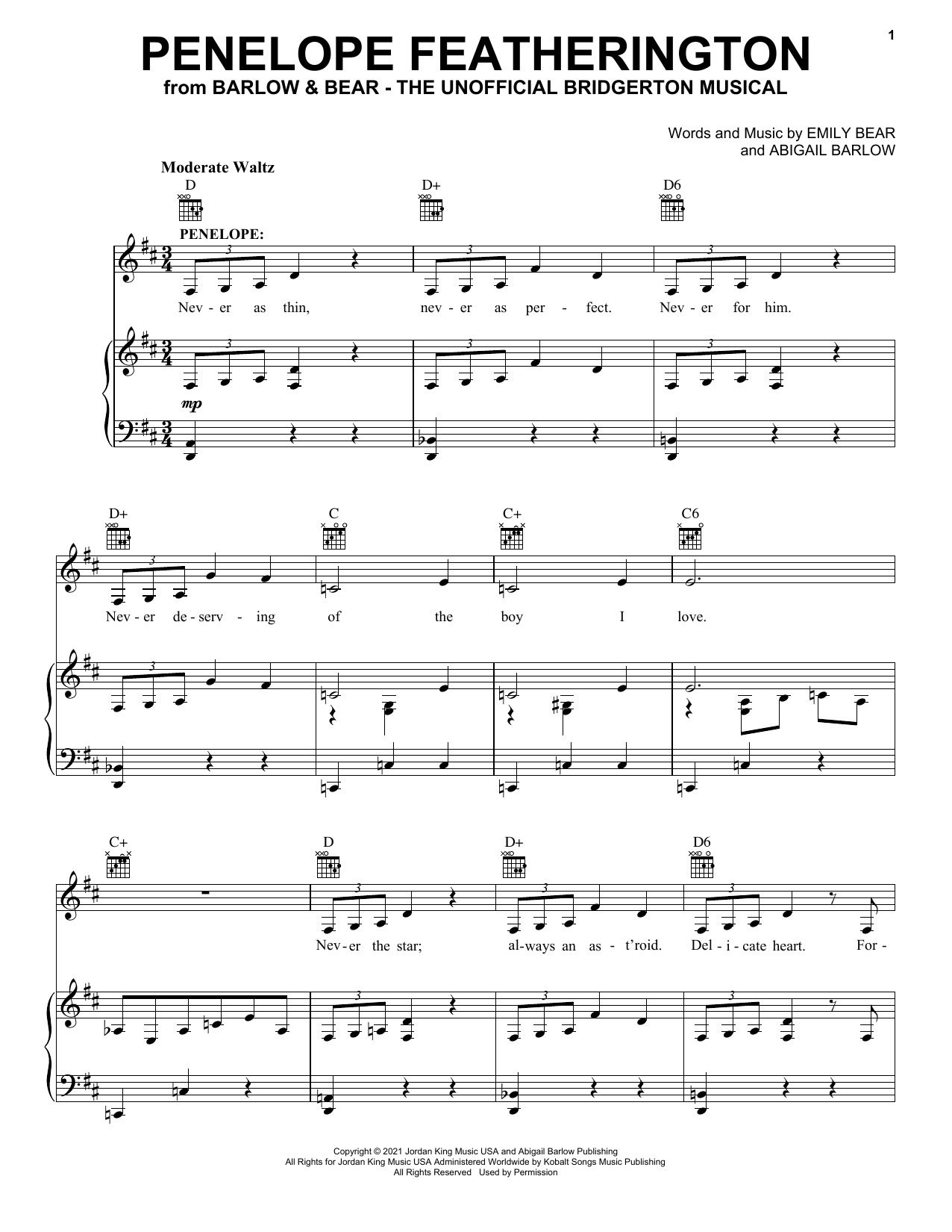 Barlow & Bear Penelope Featherington (from The Unofficial Bridgerton Musical) sheet music notes and chords. Download Printable PDF.