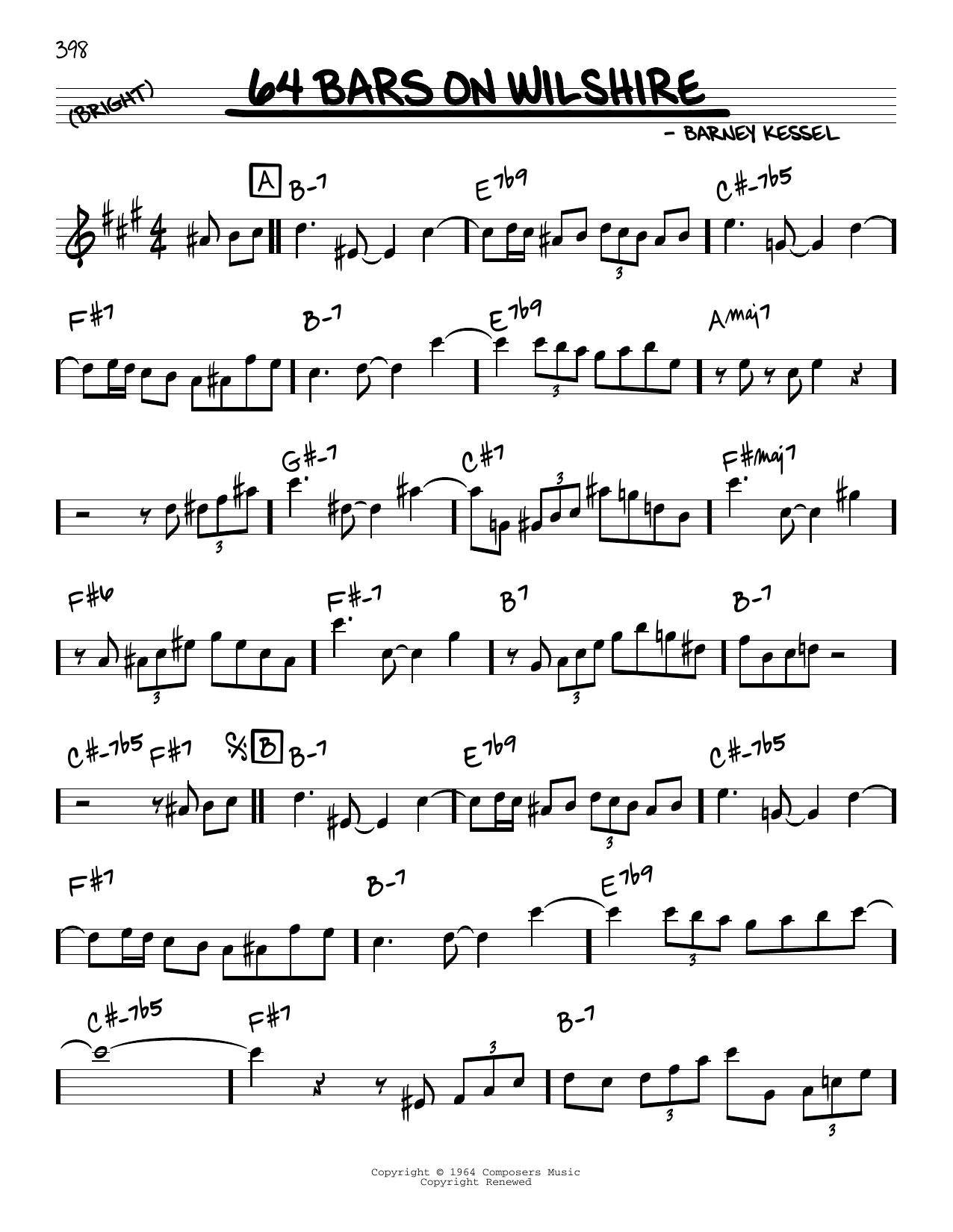 Learn to play Barney Kessel 64 Bars On Wilshire sheet music for Real Book – Melody & Chords in minutes. Price: 5.9900$ Barney Kessel 64 Bars On Wilshire sheet music notes and chords arranged for Real Book – Melody & Chords