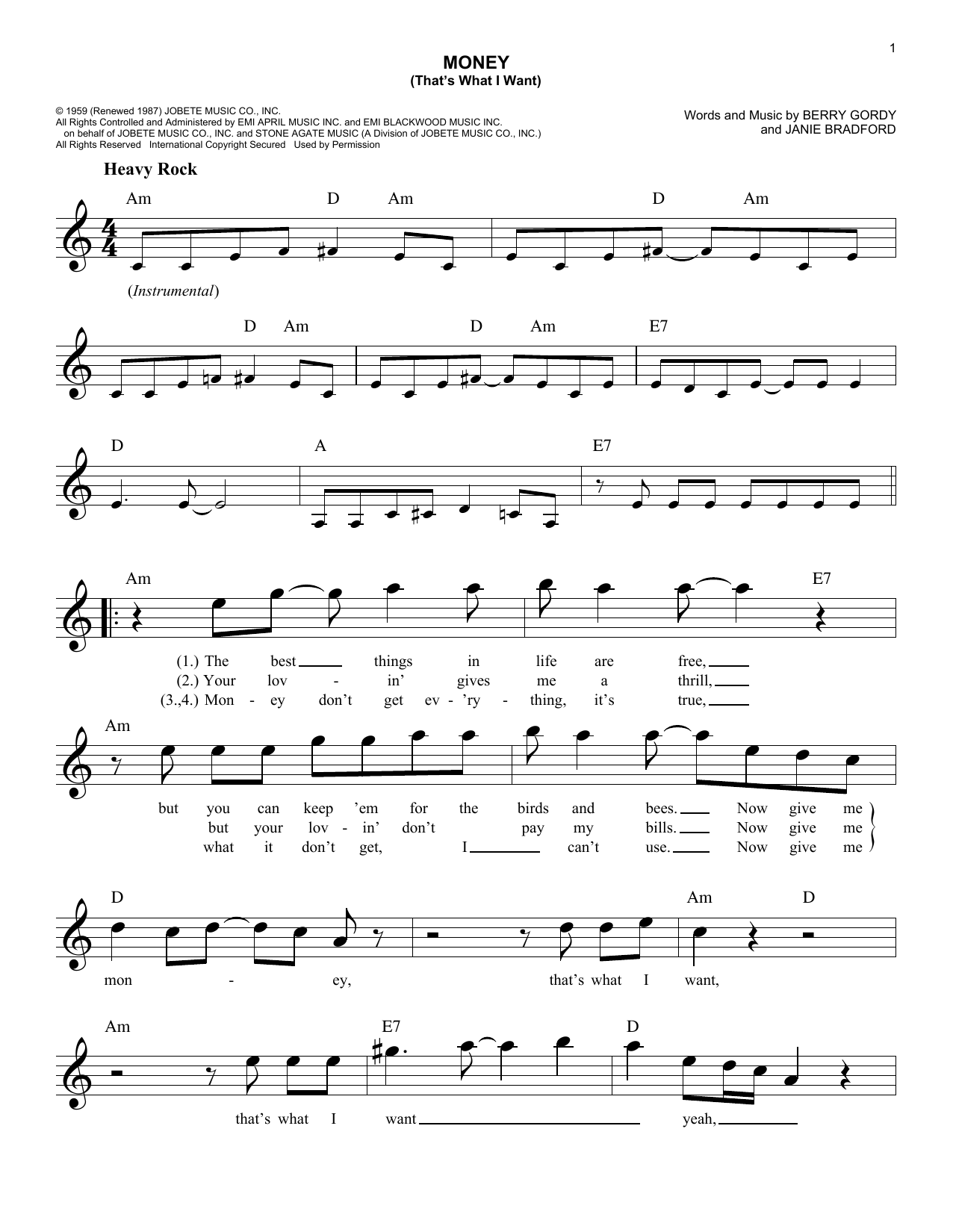 Barrett Strong Money (That's What I Want) sheet music notes and chords. Download Printable PDF.