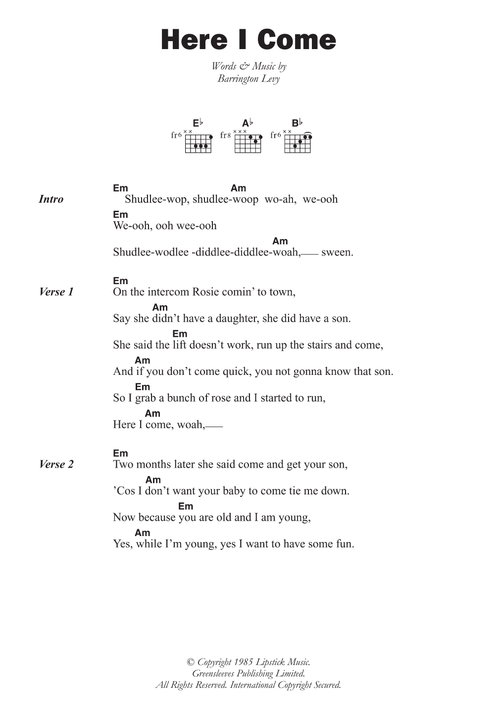 Barrington Levy Here I Come sheet music notes and chords. Download Printable PDF.