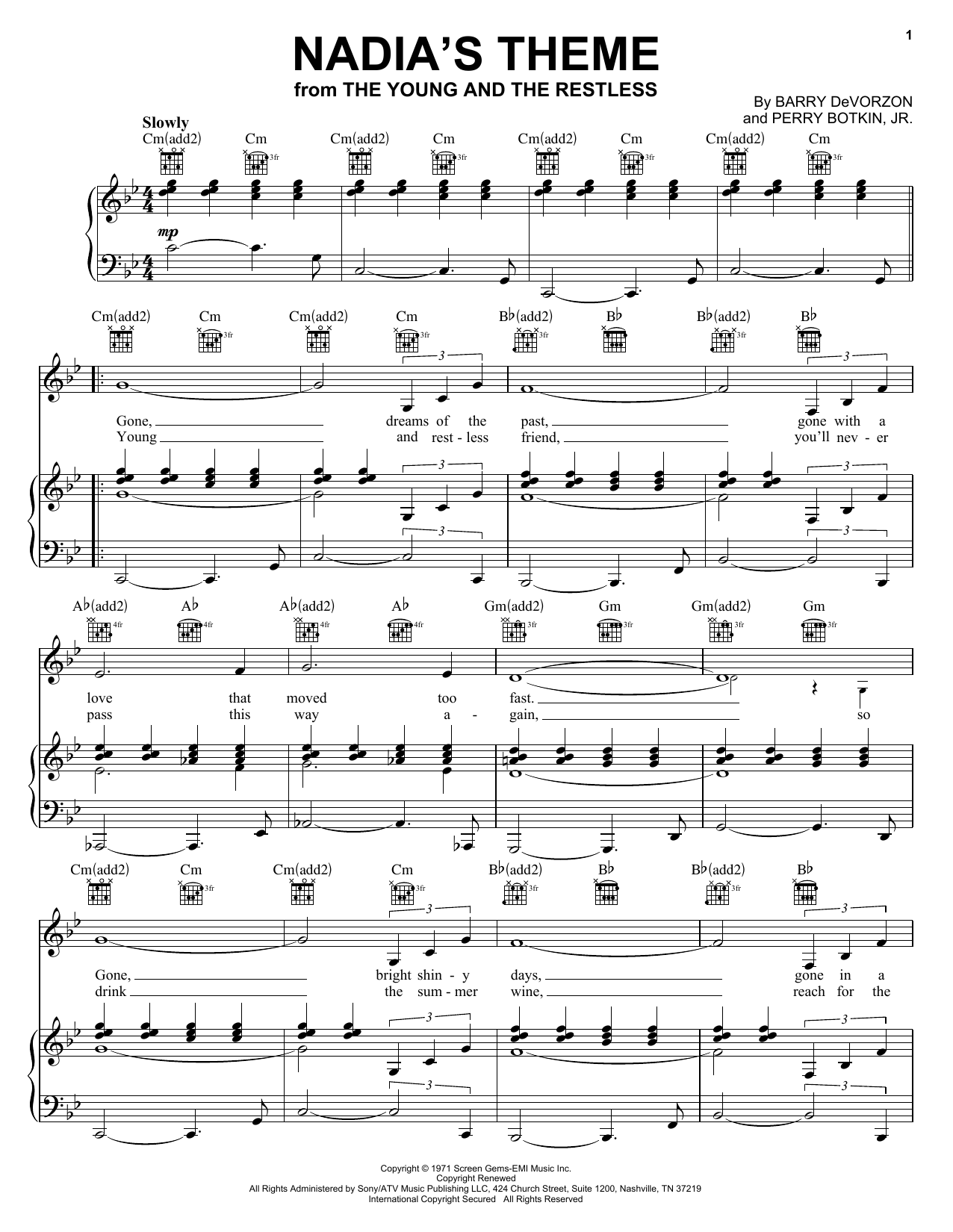 Learn to play Barry DeVorzon & Perry Botkin Jr. Nadia's Theme sheet music for Piano Solo in minutes. Price: 7.8900$ Barry DeVorzon & Perry Botkin Jr. Nadia's Theme sheet music notes and chords arranged for Piano Solo