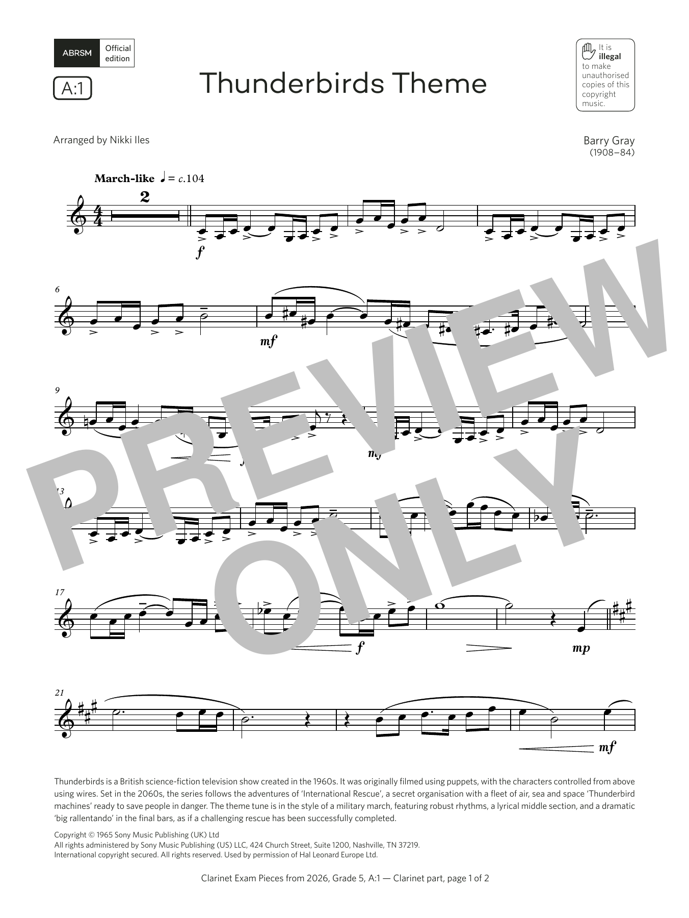 Learn to play Barry Gray Thunderbirds Theme (Grade 5, list A1, from the ABRSM Clarinet Syllabus from 2026) sheet music for Clarinet Solo in minutes. Price: 5.9900$ Barry Gray Thunderbirds Theme (Grade 5, list A1, from the ABRSM Clarinet Syllabus from 2026) sheet music notes and chords arranged for Clarinet Solo