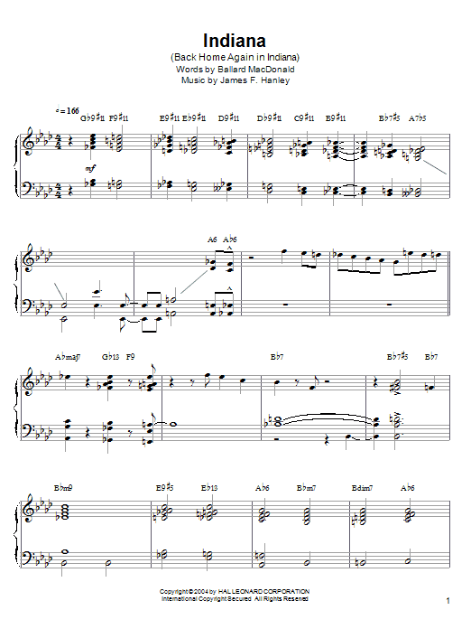 Barry Harris Indiana (Back Home Again In Indiana) sheet music notes and chords. Download Printable PDF.