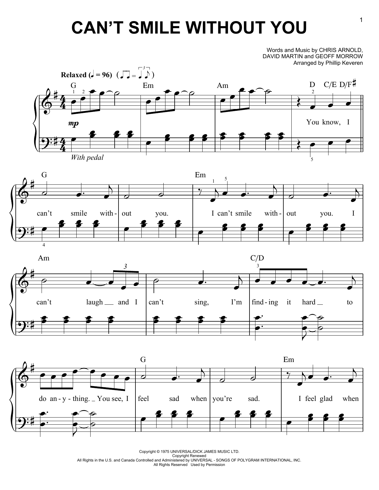 Phillip Keveren Can't Smile Without You sheet music notes and chords. Download Printable PDF.