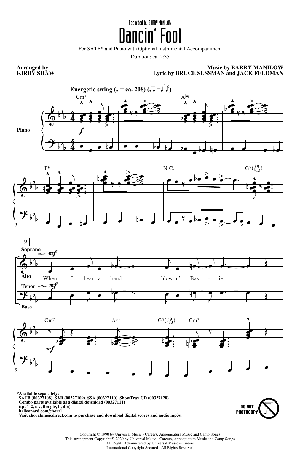 Barry Manilow Dancin' Fool (arr. Kirby Shaw) sheet music notes and chords. Download Printable PDF.