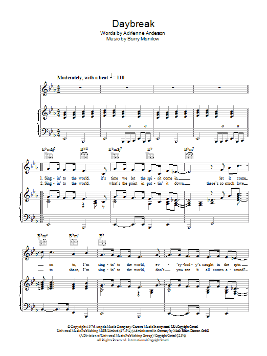 Learn to play Barry Manilow Daybreak sheet music for Piano, Vocal & Guitar Chords (Right-Hand Melody) in minutes. Price: 7.8900$ Barry Manilow Daybreak sheet music notes and chords arranged for Piano, Vocal & Guitar Chords (Right-Hand Melody)