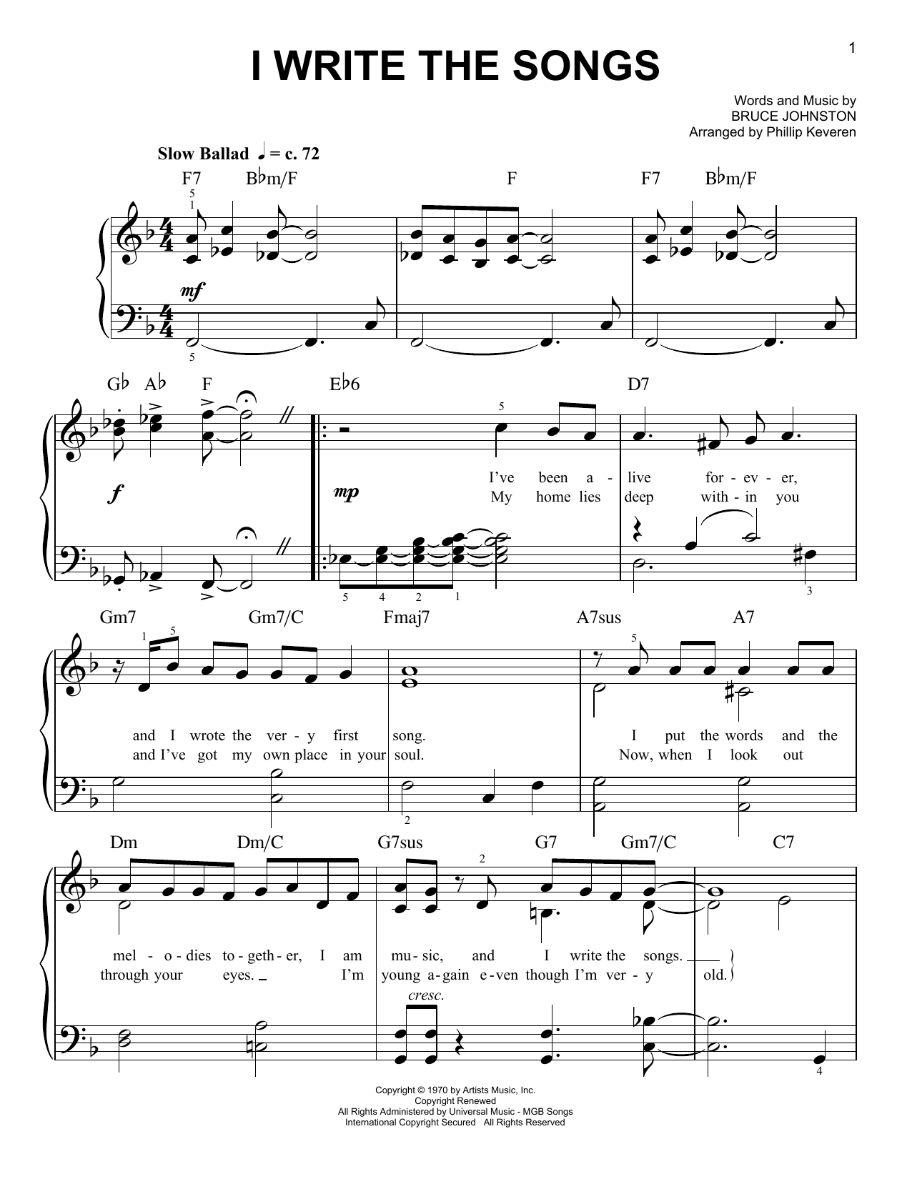 Barry Manilow I Write The Songs (arr. Phillip Keveren) sheet music notes and chords arranged for Easy Piano