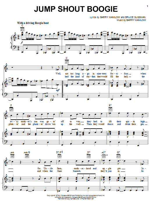 Learn to play Barry Manilow Jump Shout Boogie sheet music for Piano, Vocal & Guitar Chords (Right-Hand Melody) in minutes. Price: 7.8900$ Barry Manilow Jump Shout Boogie sheet music notes and chords arranged for Piano, Vocal & Guitar Chords (Right-Hand Melody)