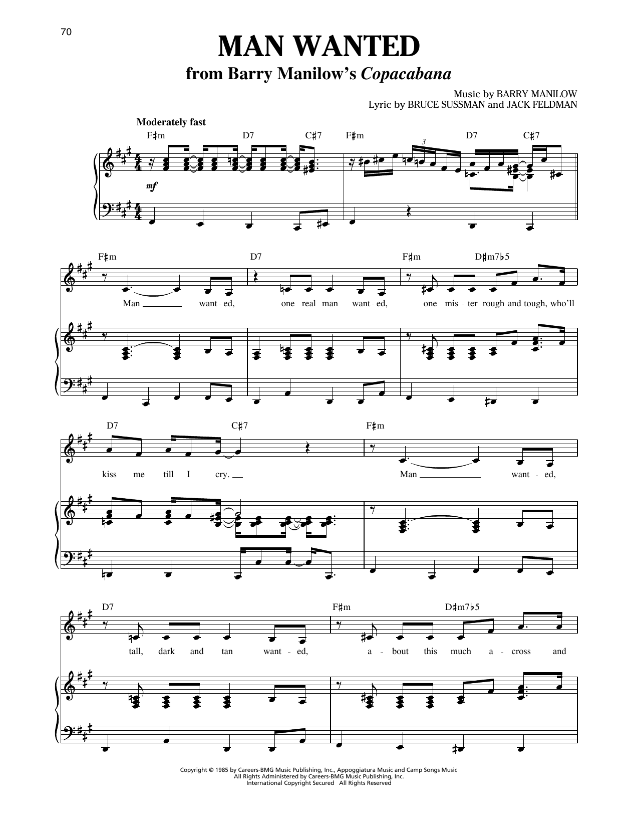 Barry Manilow Man Wanted (from Copacabana) sheet music notes and chords. Download Printable PDF.