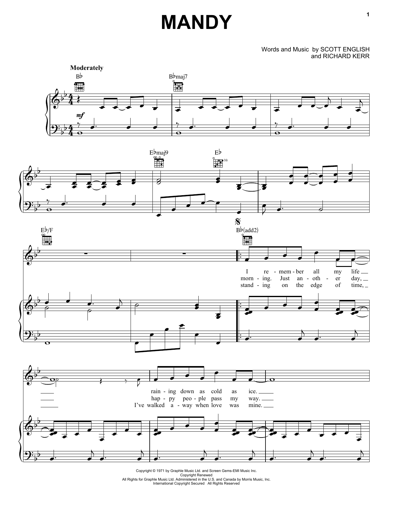 Barry Manilow Mandy sheet music notes and chords. Download Printable PDF.