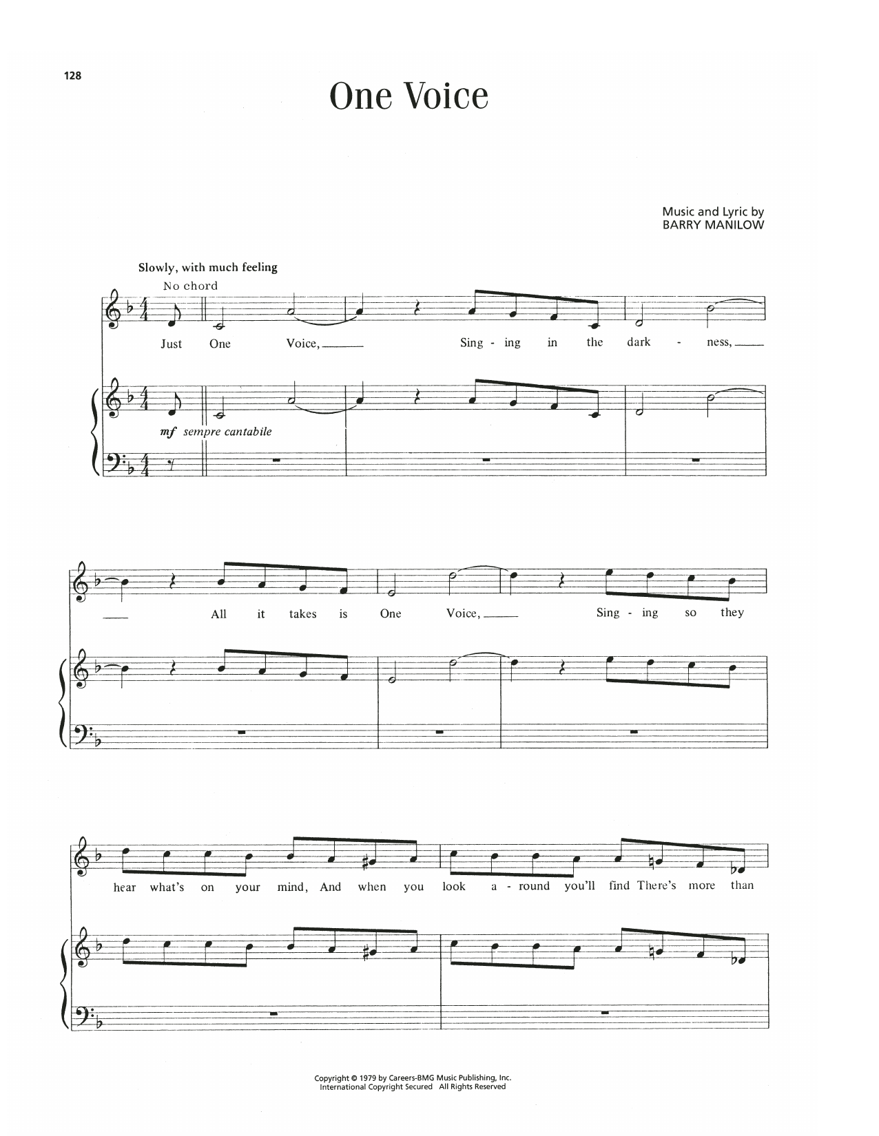 Learn to play Barry Manilow One Voice sheet music for Piano, Vocal & Guitar Chords (Right-Hand Melody) in minutes. Price: 7.8900$ Barry Manilow One Voice sheet music notes and chords arranged for Piano, Vocal & Guitar Chords (Right-Hand Melody)