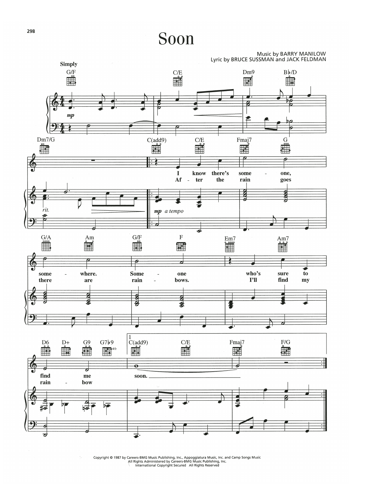 Barry Manilow Soon (from Thumbelina) sheet music notes and chords. Download Printable PDF.