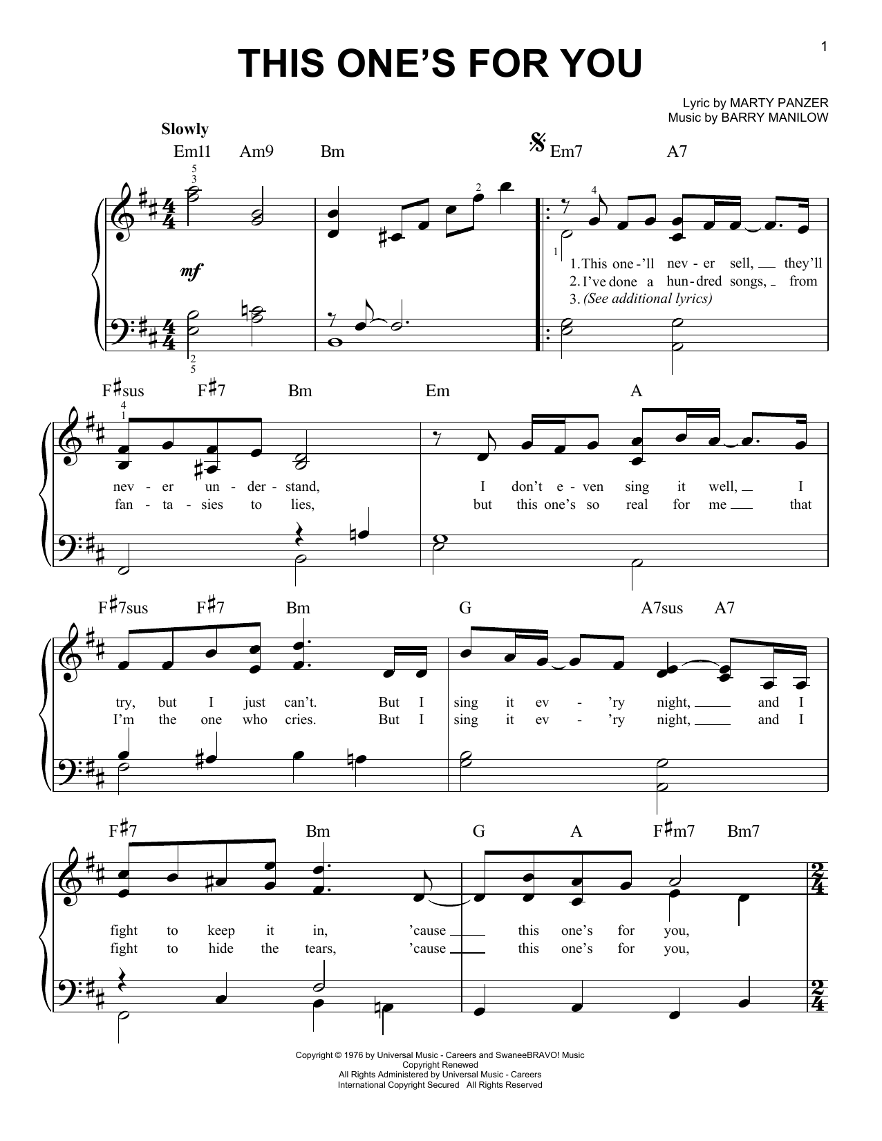 Learn to play Barry Manilow This One's For You sheet music for Piano, Vocal & Guitar Chords (Right-Hand Melody) in minutes. Price: 7.8900$ Barry Manilow This One's For You sheet music notes and chords arranged for Piano, Vocal & Guitar Chords (Right-Hand Melody)