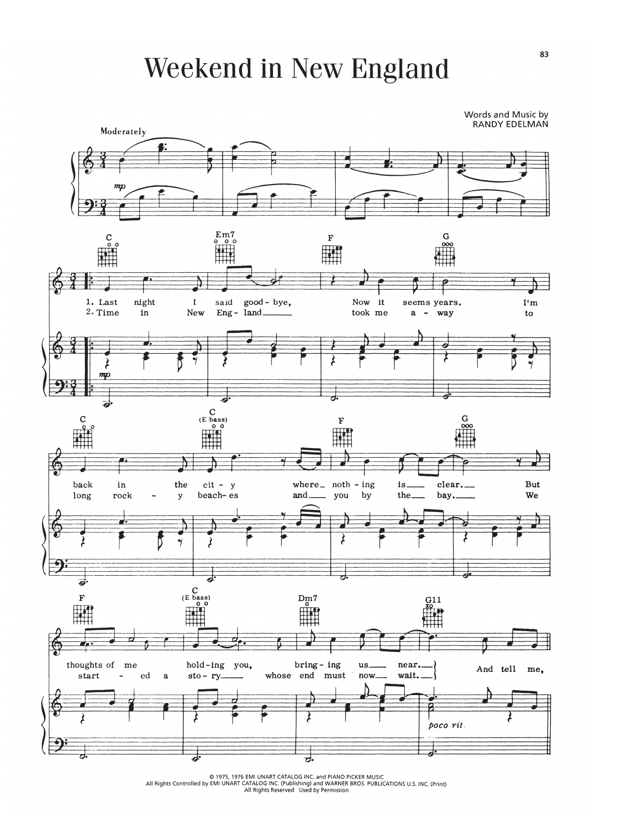 Barry Manilow Weekend In New England sheet music notes and chords. Download Printable PDF.