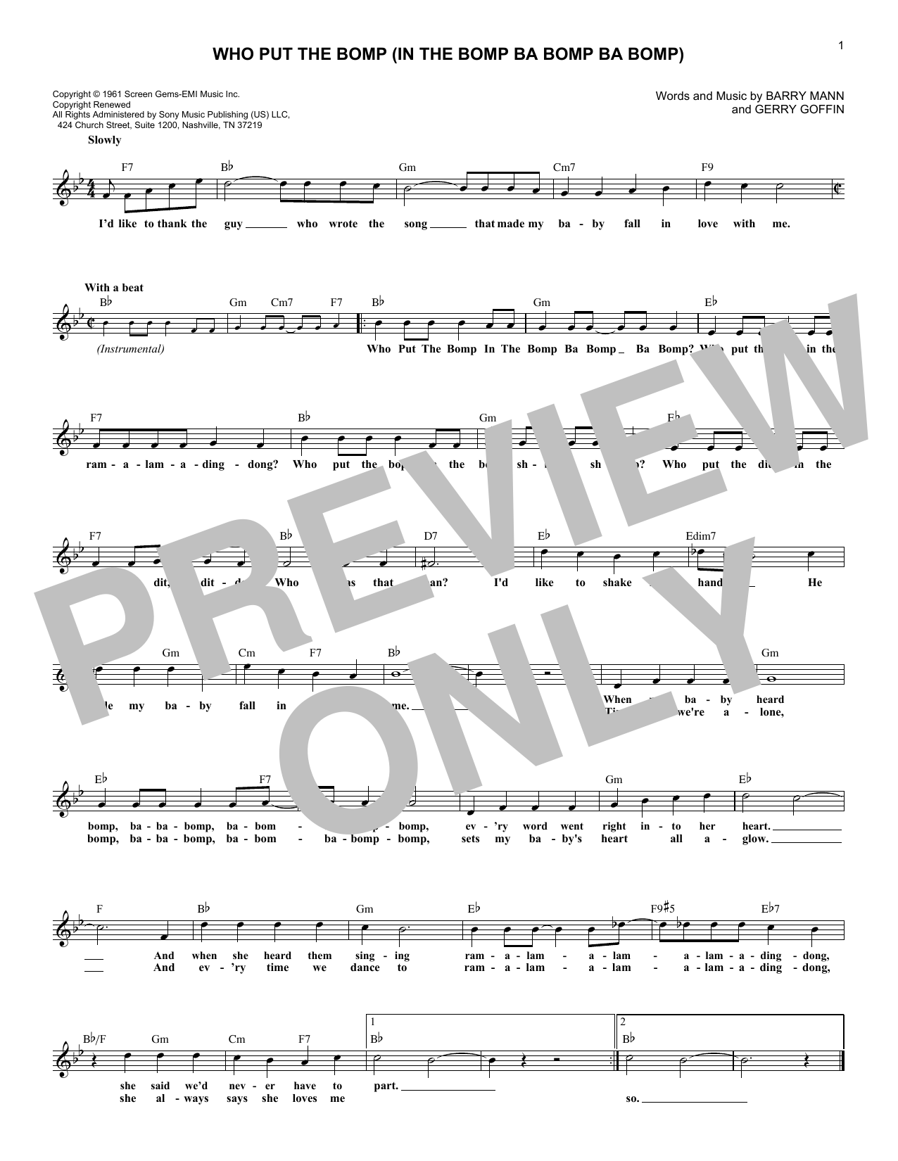 Barry Mann Who Put The Bomp (In The Bomp Ba Bomp Ba Bomp) sheet music notes and chords. Download Printable PDF.