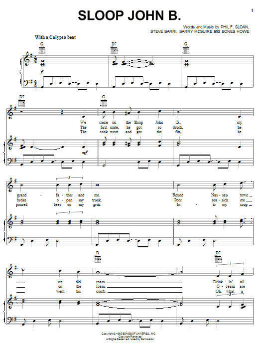 Learn to play Barry McGuire Sloop John B. sheet music for Piano, Vocal & Guitar Chords (Right-Hand Melody) in minutes. Price: 7.8900$ Barry McGuire Sloop John B. sheet music notes and chords arranged for Piano, Vocal & Guitar Chords (Right-Hand Melody)